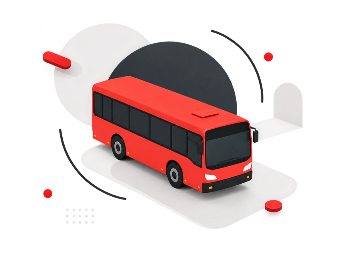 BusDeck’s red bus driving out of an abstract circular portal.